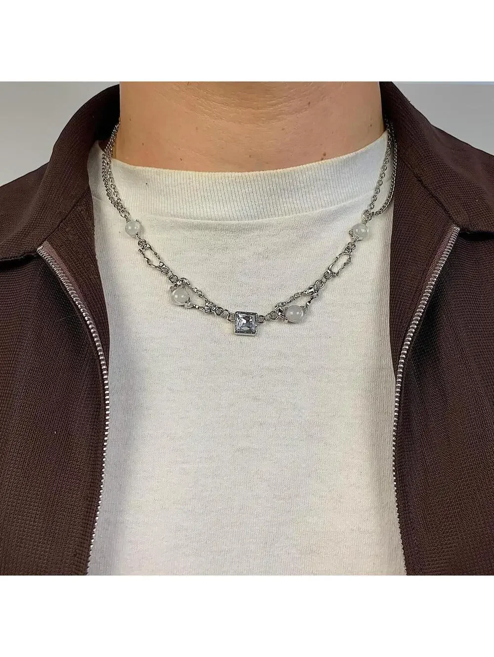 Cyber y2k 2000s style Glass style Opal futuristic necklace. 18.5-20.5 inches len